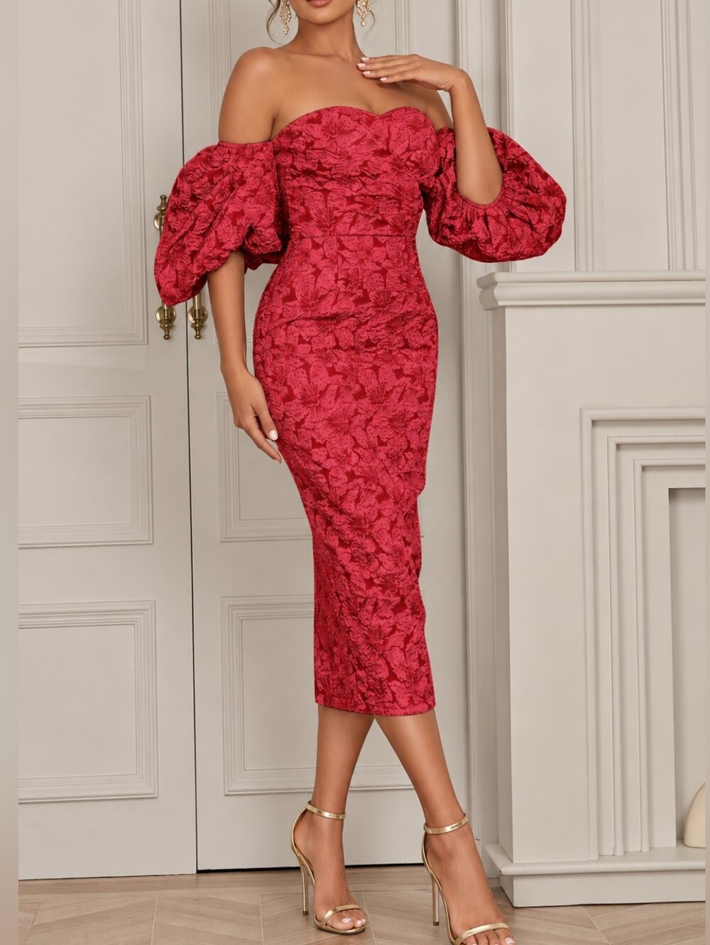 New Luxe Jacquard Midi Dress Off Puff Sleeve Shoulder Red